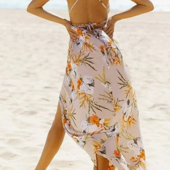 NWOT BerryGo Women's Sexy Deep V Neck Backless Floral Print Split Maxi Dress - Picture 4 of 13